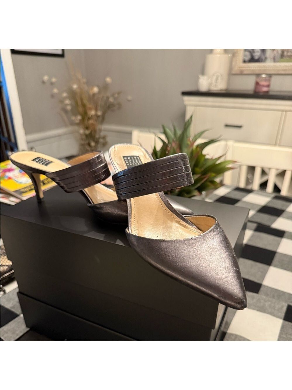 White House, black market gunmetal, Heeled Mules 7.5 excellent condition.